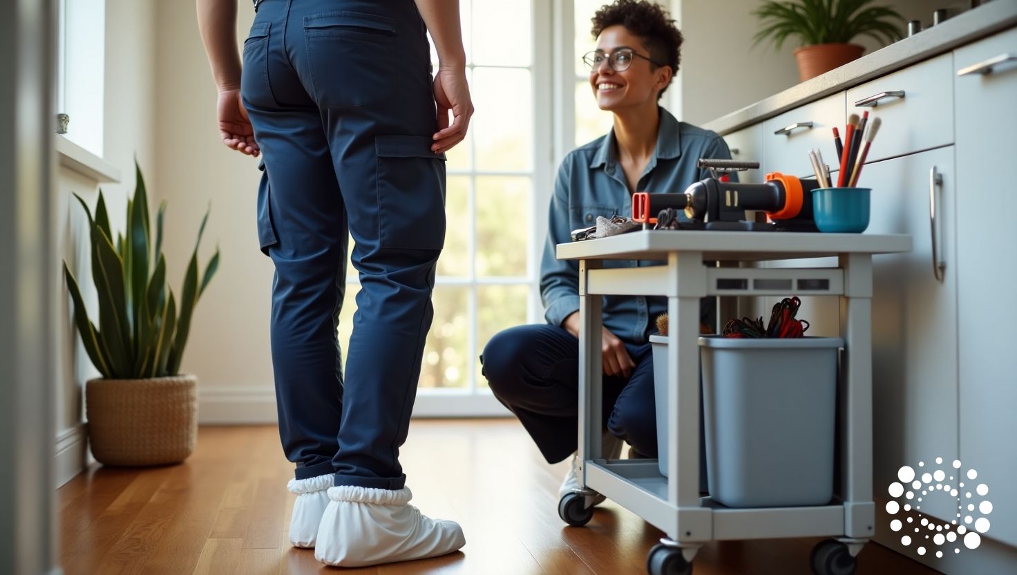 A technician is making sure to respect the workspace by wearing shoe covers in the customer's clean home.