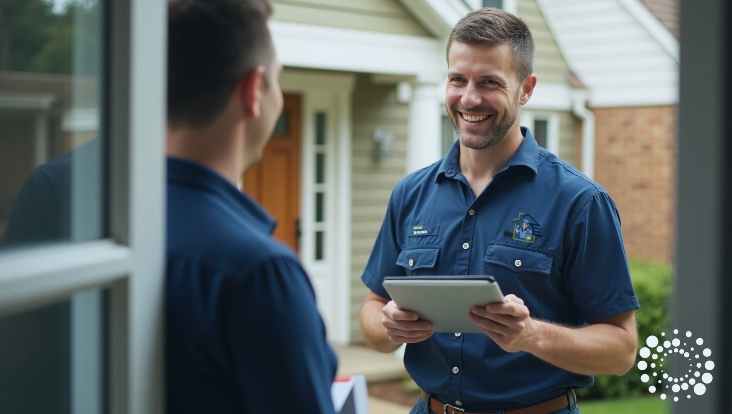 A service technician greets a homeowner. He looks tidy and professional.