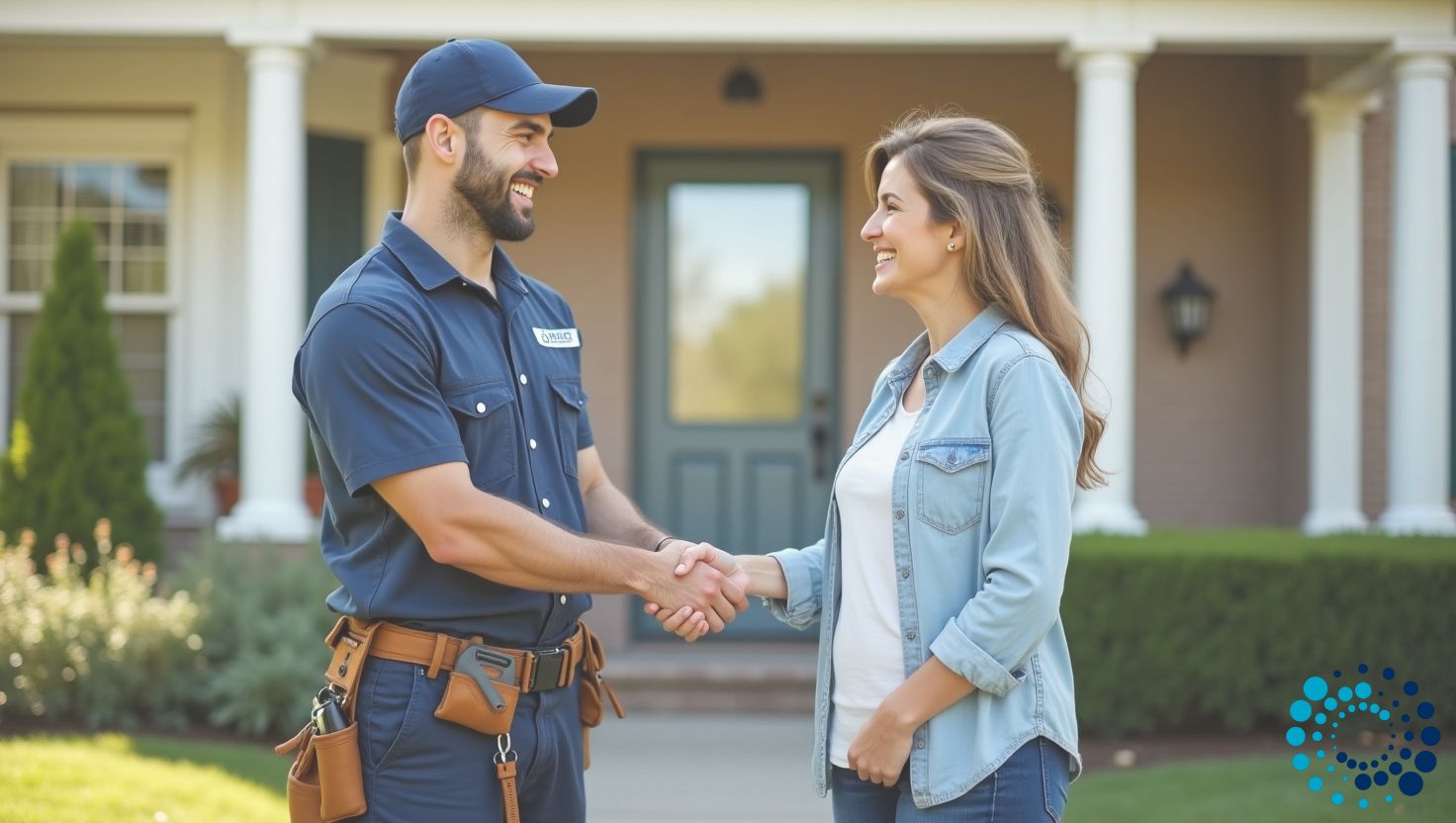 A service worker is shaking hands with a customer. The customer is clearly happy with the service provided.