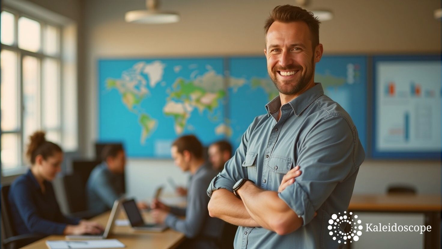 A business owner is standing proud because he has scaled his business and it is running smoothly.